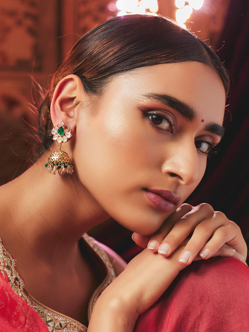 Sukhi Nakshi Moissanite Jhumkas with Beads and Stones