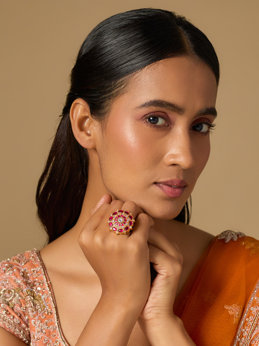 Phool Red Kundan Ring