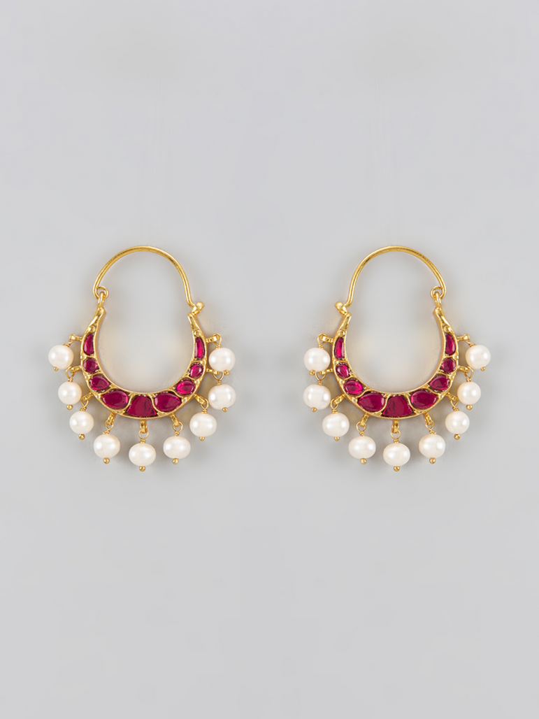 Sia Red Chandbalis With Pearls