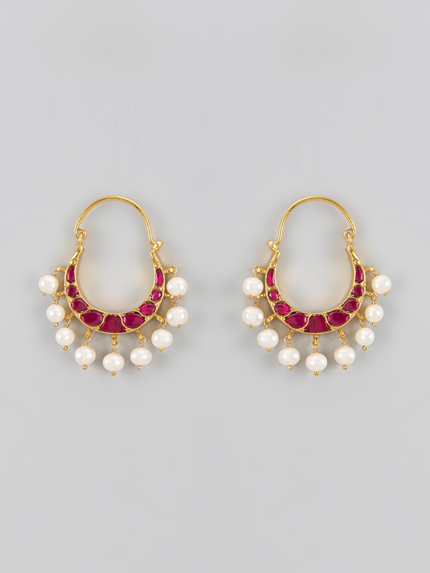 Sia Red Chandbalis With Pearls