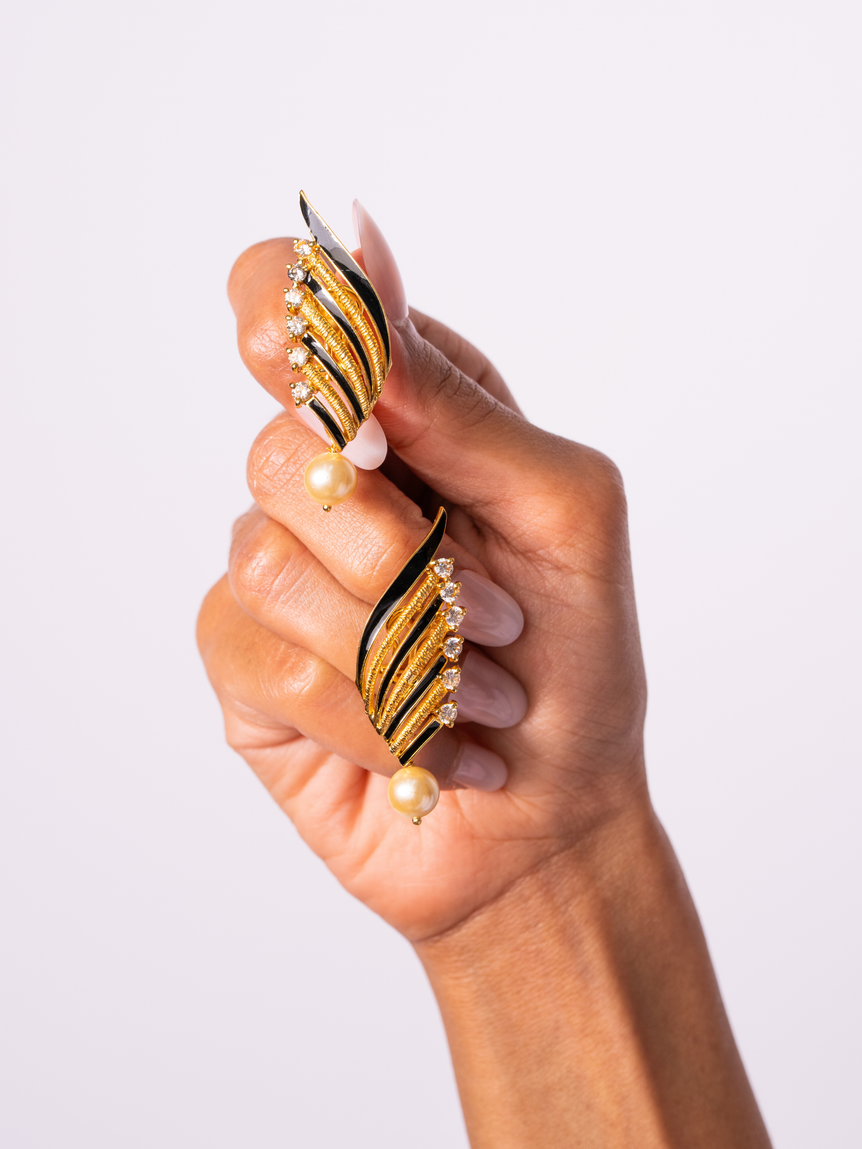 Black and Gold Enamel Wing Earrings