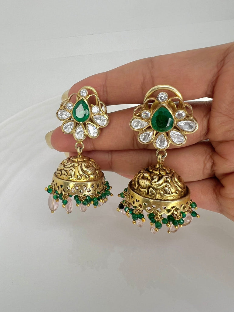 Sukhi Nakshi Moissanite Jhumkas with Beads and Stones