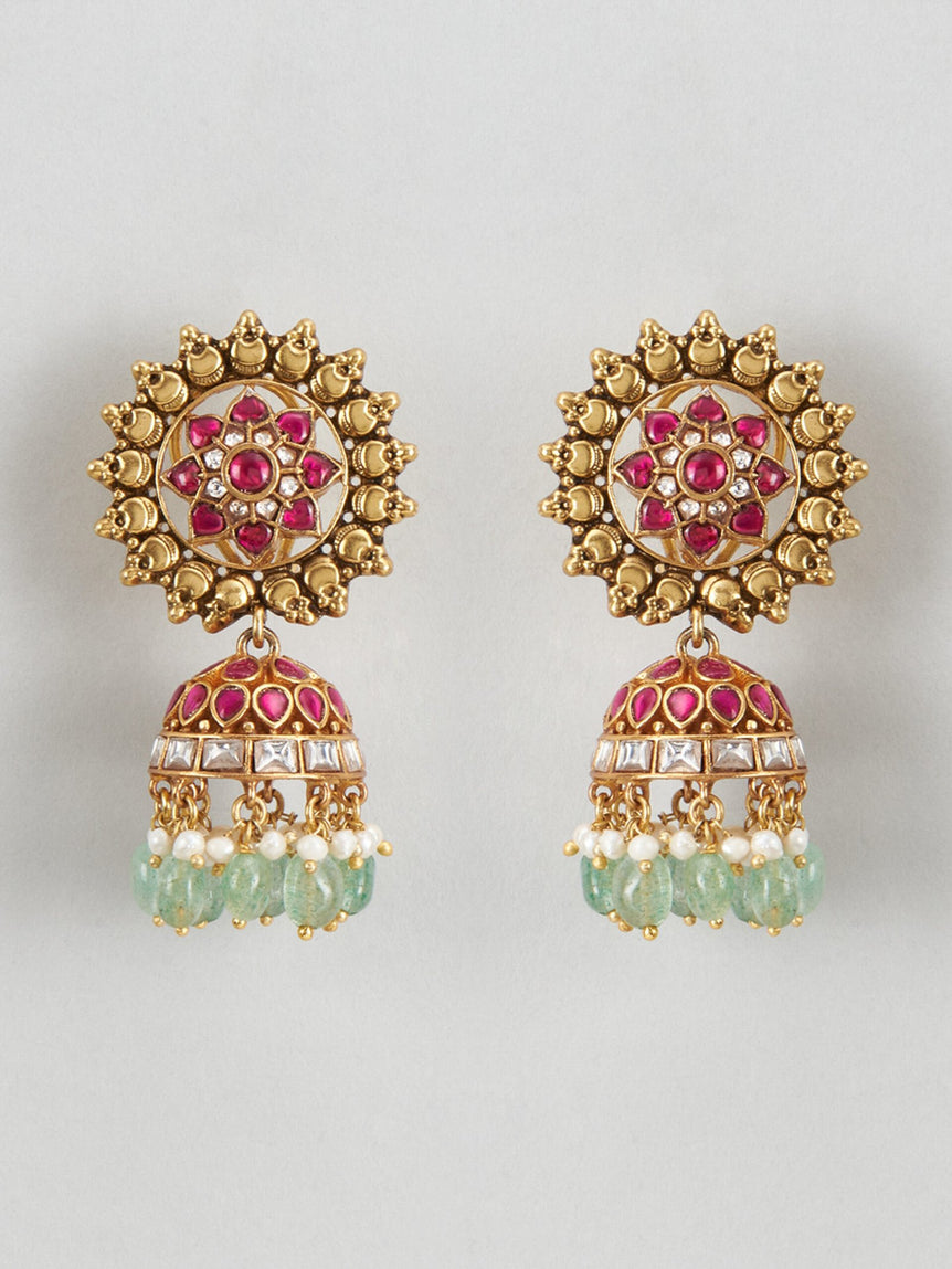 Surya Kundan Jhumkas with Pearls and Beads