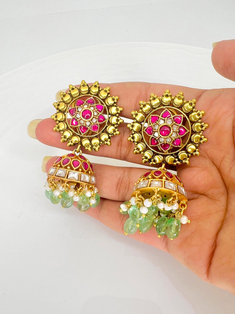 Surya Kundan Jhumkas with Pearls and Beads