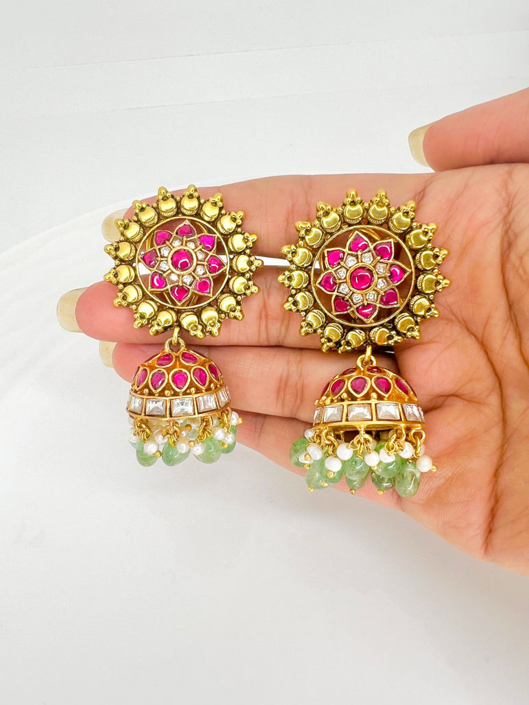 Surya Kundan Jhumkas with Pearls and Beads