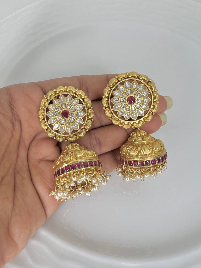 Adrika Nakshi Kundan Jhumkas and Pearls