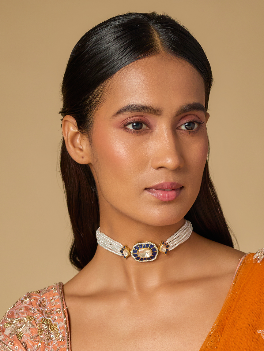 Siva Moissanite Choker with Pearls- blue