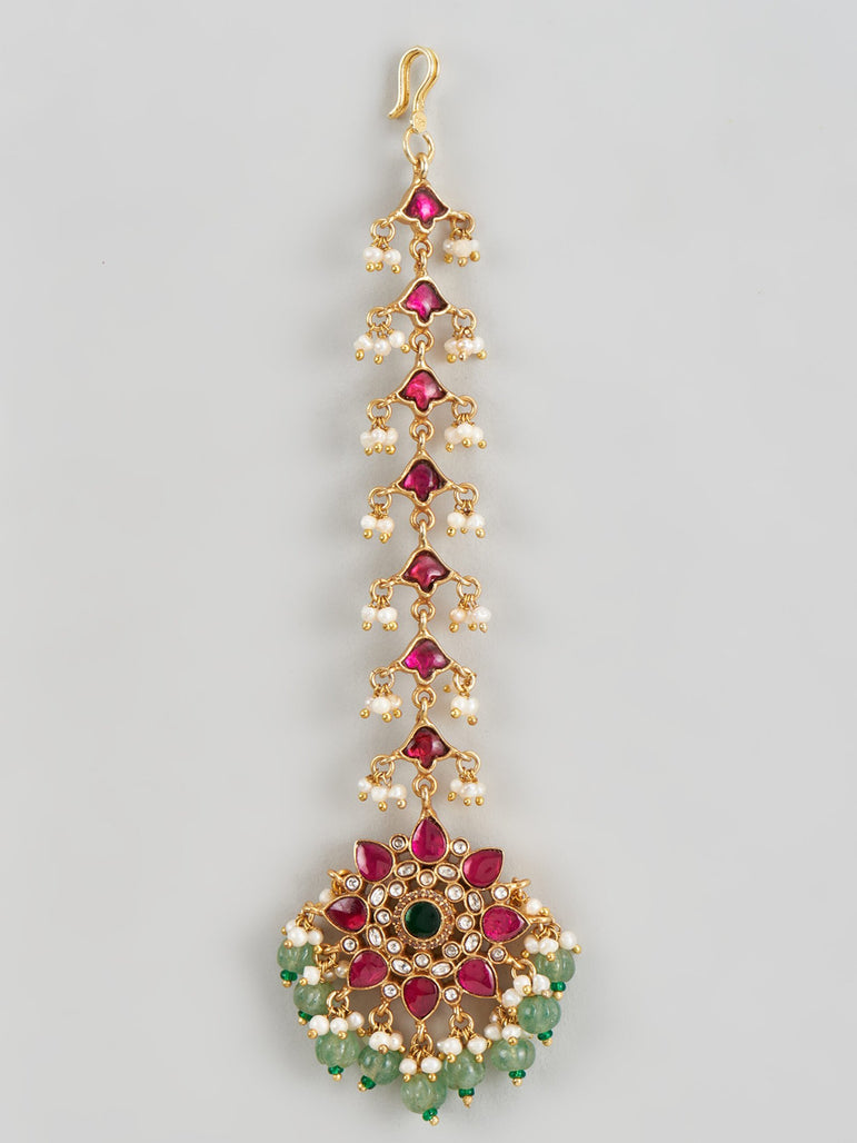 Gomti Kundan multicolour Maangtika with Pearls and Beads